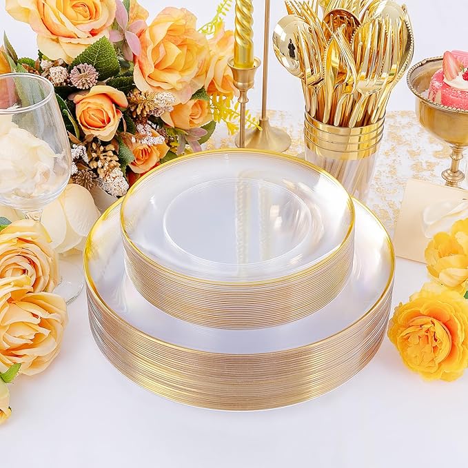 EI 180pcs Gold Plastic Plates,Clear Plates with Gold Trim,Plastic Plate for Party,Clear Dinnerware Set Silverware Cups for Baby Shower,Wedding,Spring Afternoon Tea