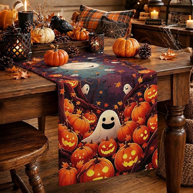 13x72in Halloween Table Runner, Pumpkin Ghost Halloween Decor by WishItLiveIt