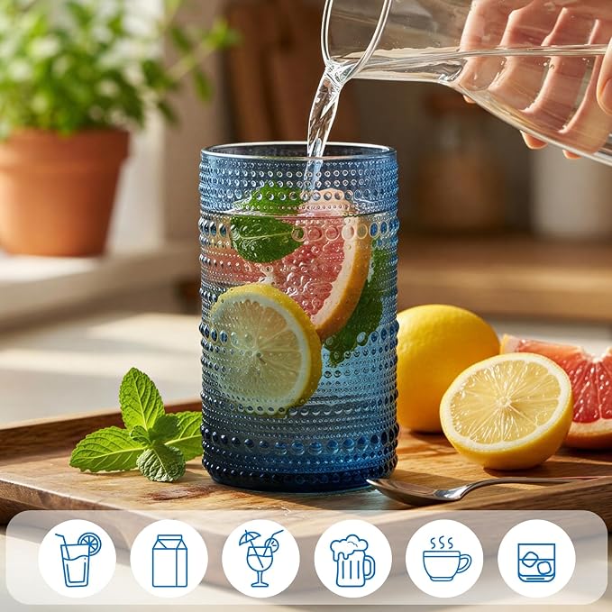 Moretoes 12 Pack Blue Hobnail Drinking Glasses, Vintage Water Glass Cups | - Image 4
