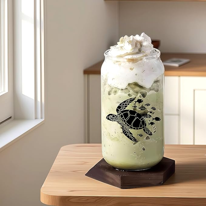 Cute Turtle Glass Cup With Lids And Straws, Turtle Gift For Women, IIced, Coffee, Smoothie, Cocktail, Beer, Whiskey, Soda, Matcha,16 Oz, Home Office Table Desk Decoration!