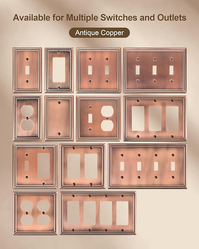 2-Pack Double Duplex Outlet Cover, Metal Switch Plates and Outlet Covers, Antique Copper Pearls Decorative Wall Plates for Electrical Outlets, 2 Gang Receptacle Cover, Corrosion Resistant