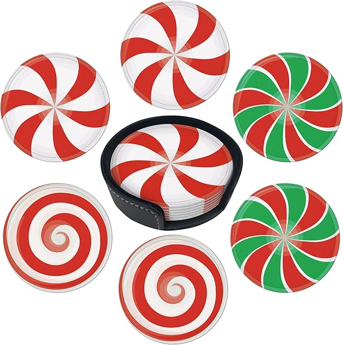 Christmas Candy Coasters Leather Round Drink Coasters 6 Pcs Set with Holderor for Cup Drink Coffee Table Bar Home Decor