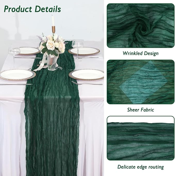 3 Pack Dark Green Cheesecloth Table Runner 120 Inch Boho Wedding Decor | - Image 3