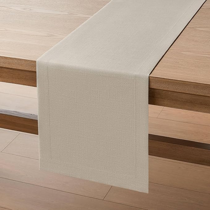 Linen Textured Border Table Runner, 14 x 48 Inch Natural | Mitered Corner Design - Image 7