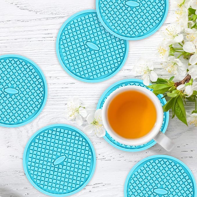 ME.FAN Silicone Coasters [6 Pack] Thickened Drink Coasters with Holder - Cup Mat - Non-Slip, Non-stick, Stay Put, Deep Tray - Prevents Furniture and Tabletop Damages(Blue)
