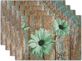 Giwawa Rustic Daisy Placemats Set of 4- Green Sunflowers on Vintage Wood Board Linen Place Mat- Farmhouse Wooden Non Slip Heat Resistant Table Mats for Dining Kitchen Cabin Lodge Decor