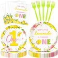 96Pcs Lemon 1st Party Plates Supplies Pink Yellow Our Little Lemonade Is by G1ngtar