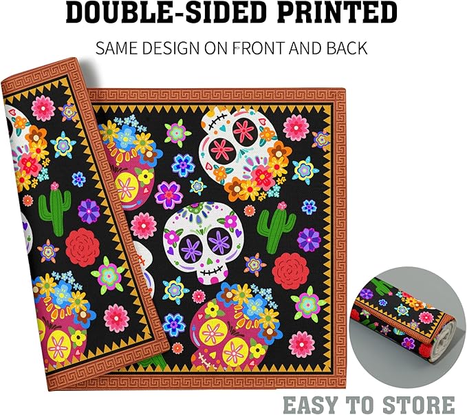 Mexican Placemats Set of 4 - Colorful Floral Skull Table Place Mats 12x18 for Indoor Outdoor Kitchen Dining Table