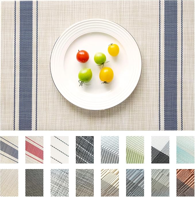 Placemats Set of 6 Vinyl/Plastic Woven Place Mats for Kitchen Table Indoor/Outdoor Washable Placemat Wipeable Dining Table Mats (Khaki Blue,6)