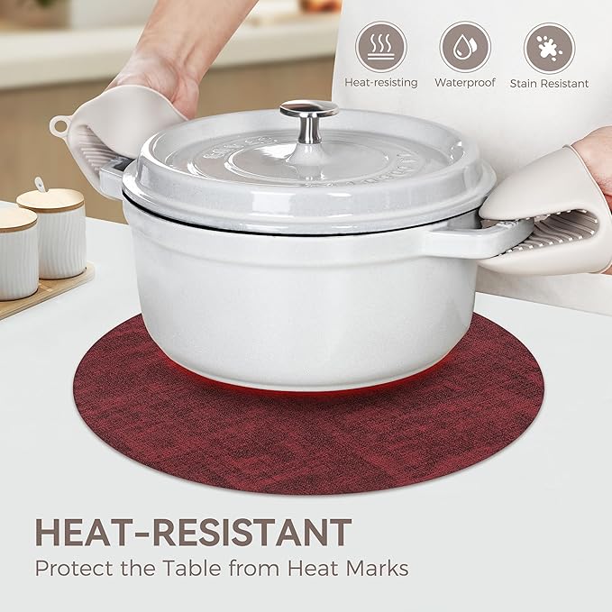 13"Round Placemats Set of 8, Reversible Faux Leather Heat Resistant Table Mats, 100% Waterproof Oilproof Wipeable Table Protective Placemats for Vinyl, Washable for Indoor & Outdoor Use (8, burgundy)