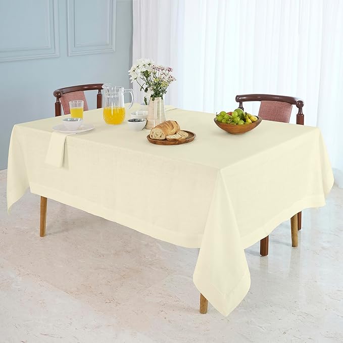 D'Moksha Homes Linen Cream Tablecloth 60 x 132 Inch - 100% Pure Linen Rectangular Tablecloth - Machine Washable Table Cloth for Spring, Easter