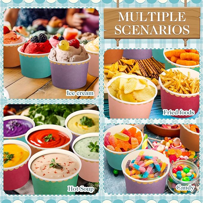 Zopeal 48 Pcs Colorful Disposable Ice Cream Bowls 9oz Candy Gradient Color Paper Snack Cups with Gold Scallop for Parties, Weddings, Baby Showers, Desserts, Yogurt, and Salads