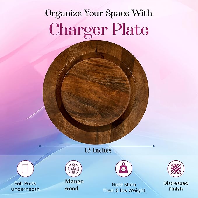 Alpha Living Home Mango Wooden Plates Set of 2-13” Round Rustic Farmhouse Chargers for Dinner & Charger Plates, Handcrafted Tableware for Charcuterie, BBQ, Farmhouse Dining, or Gift (Walnut)