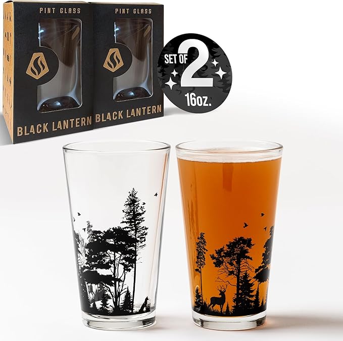 Black Lantern Pint Glasses Forest Animal Landscape Pint Glasses Set - 2 16oz. Beer Glasses