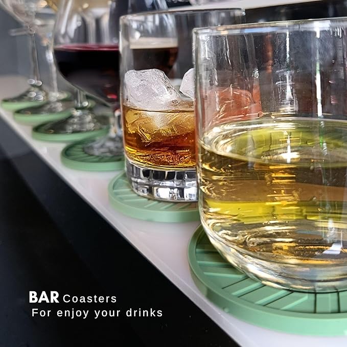 Silicone Coasters Set of 6 with Holder - Unique and Modern Pattern for Prevent Sticking from Cups Coffee Table, Home, Office, bar Decor, Sage Green