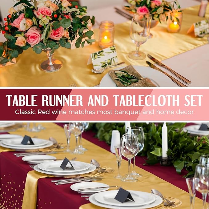 Breling 8 Pack Burgundy and Gold Disposable Plastic Tablecloths and Satin Table Runner Set, 54 x 108 Inch Tablecloth, 12 x 108 Inch Table Runners for Wedding Graduation Birthday Baby Shower