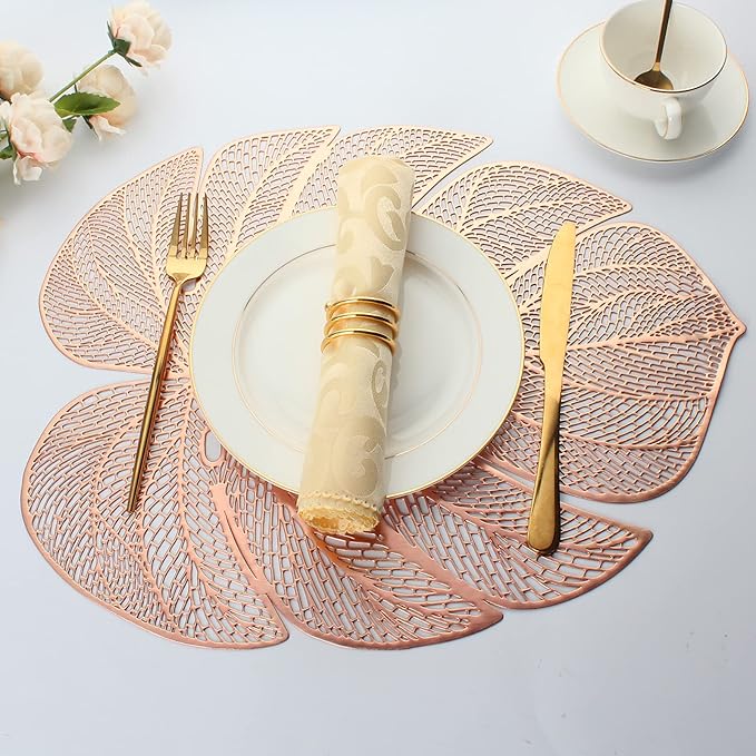 Evevda Rose Gold Leaf Shaped Vinyl Placemats for Dinner Table Set of 8 Metallic Plastic Place Mats Wipeable 8Pcs Table Mats for Wedding Annersary Dinner Table Decoration Mats(17.7x13.8inch/45x35cm)…