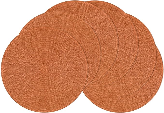 SHACOS Round Placemats Set of 6 Washable 15 inch Round Placemat Cotton Polyester Woven Braided Table Place Mats for Dining Table Decor, Dark Orange