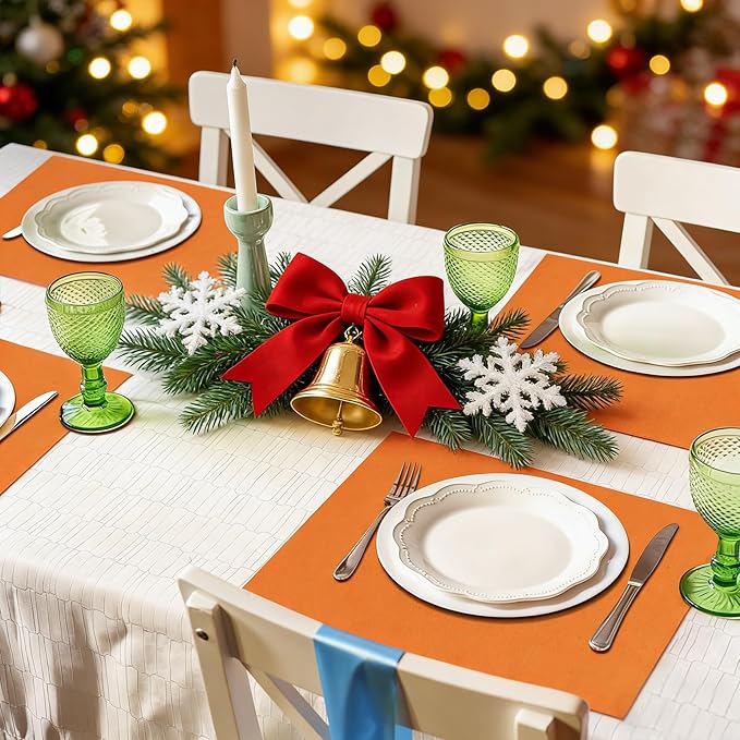 MANSPHIL Orange Placemats Set of 4 Washable Fabric Table Mats Thick Faux Linen Place Mats Heat Resistant Double Layer Wrinkle Free Dining Kitchen Table Decor - 13x19 Inch Oeko Tex Placemat