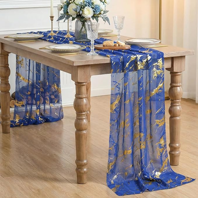 Artoid Mode Marble Pattern Dark Blue Gauze Table Runner 10FT, Glitter Metallic - Image 3