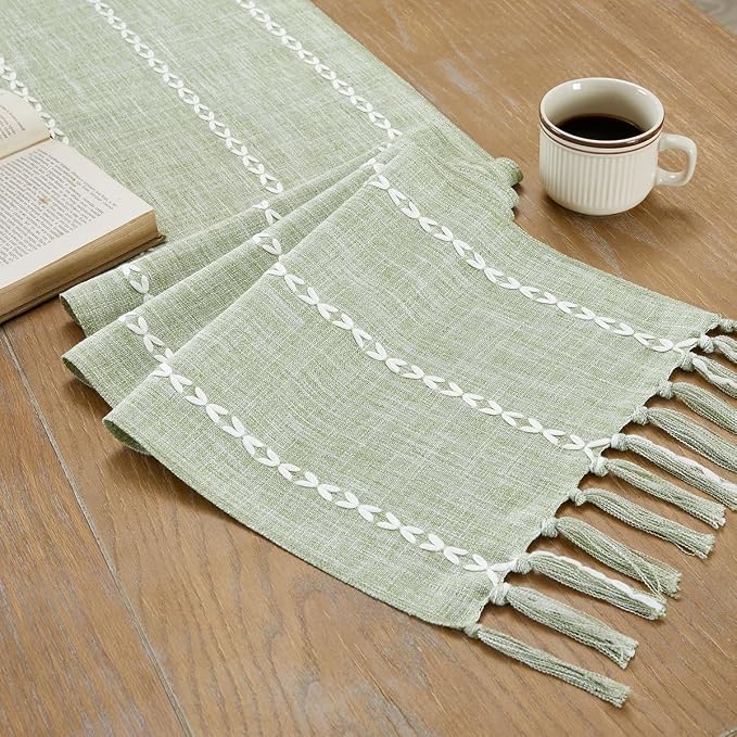 Wracra Rustic Linen Table Runner, Sage Green Table Runners 48 inches Long | - Image 3