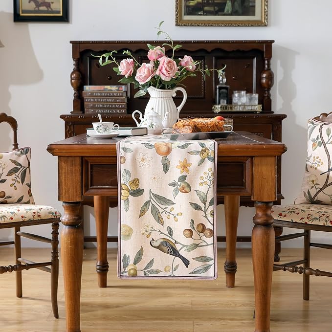 bilin gaier Designer Vintage Linen Small Table Runner, Floral Fruit Pattern - Image 2