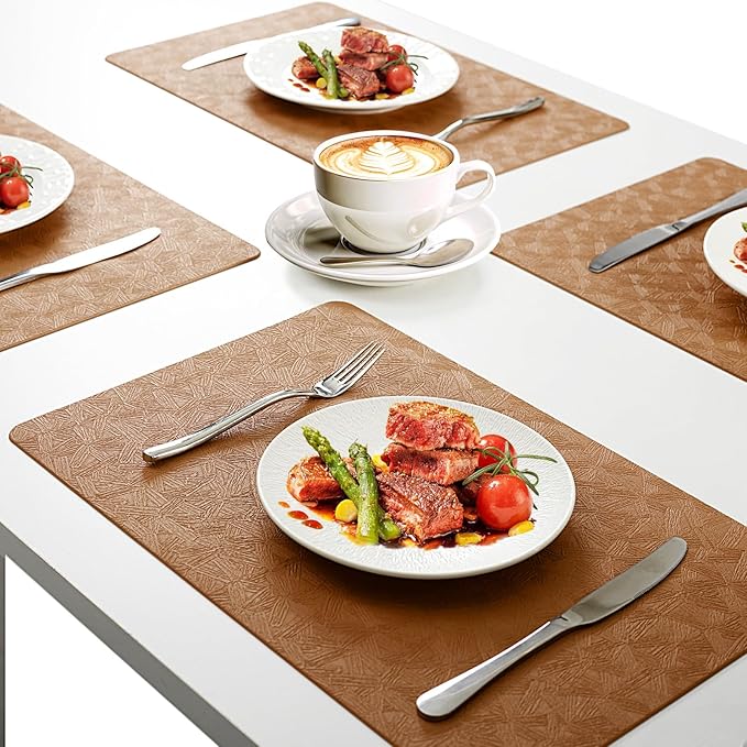Vinyl Placemats Set of 8 Faux Leather 100% Waterproof Wipeable Washable Place Mats Heat Resistant Easy Clean Non-Slip Table Mats for Indoor Outdoor. (8, Brown)