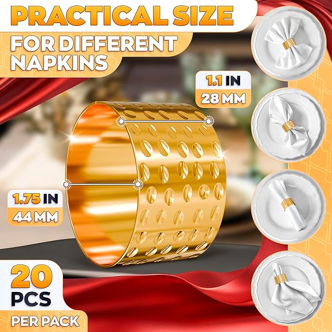 20 Pcs Gold Napkin Rings Set - Napkin Rings Hammered Metal Finish - 1.8x1.1 Sturdy & Reusable, Great for Large Events, Banquets, Weddings & Holiday Dining, Gift Giving & Elegant Valentine Table Decor