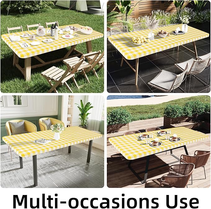 Smiry Rectangle Picnic Table Cloth, Elastic Waterproof Fitted Vinyl Tablecloths, Flannel Backed Buffalo Plaid Table Covers for Dining, Camping, Outdoor (White and Yellow, 30" x 72")