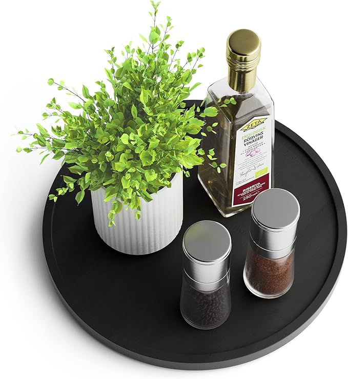 Lazy Susan Organizer Homerays 10 Inch Non-Skid Bamboo Lazy Susan for Kitchen Rotating Spice Rack for Kitchen Cabinet, Wood Turntable for Kitchen Countertop Organizer Black