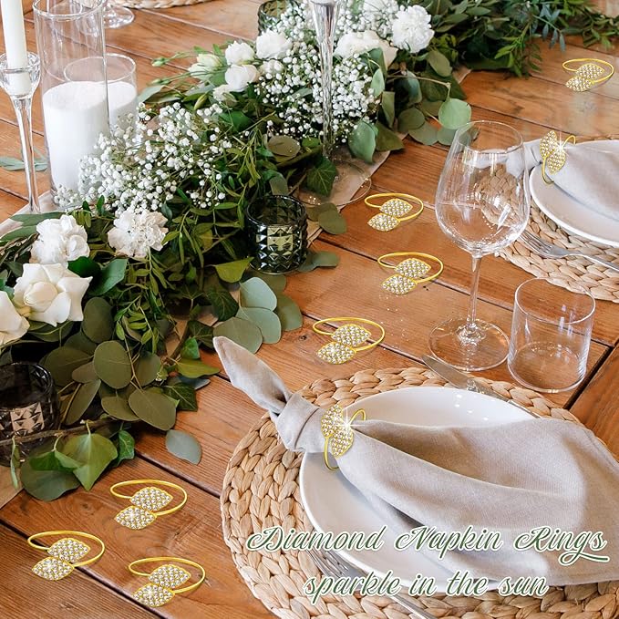 Hotop 250 Pcs Valentine's Day Napkin Rings Gold Table Decorations, Elegant Bling Leaves Napkin Rings, Rhinestone Guest Towels Buckle for Holiday Gather Party, Wedding Dinner Banquet Table Decoration