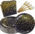 Serves 35 Guests Black and Gold Plates and Napkins Party Supplies,7" Black Paper Plates and Napkins,Disposable Party Dinnerware for Birthday Wedding,Graduation