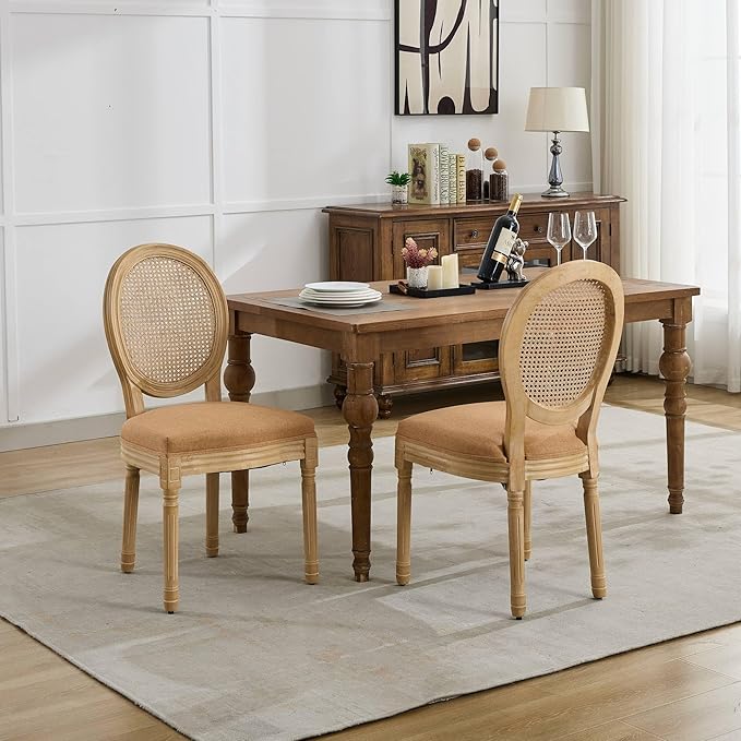 Vintage French Rattan Dining Chairs Set of 2, Round Back Accent Chairs with Rattan Backrest and Upholstered Linen Seat, Solid Wood Frame Sillas de Comedor for Dining Room & Kitchen, Camel