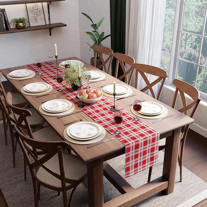 Encasa XO Table Runner, Woven Cotton Dining Runner 13"x120" | Franca Red Checks - Image 9