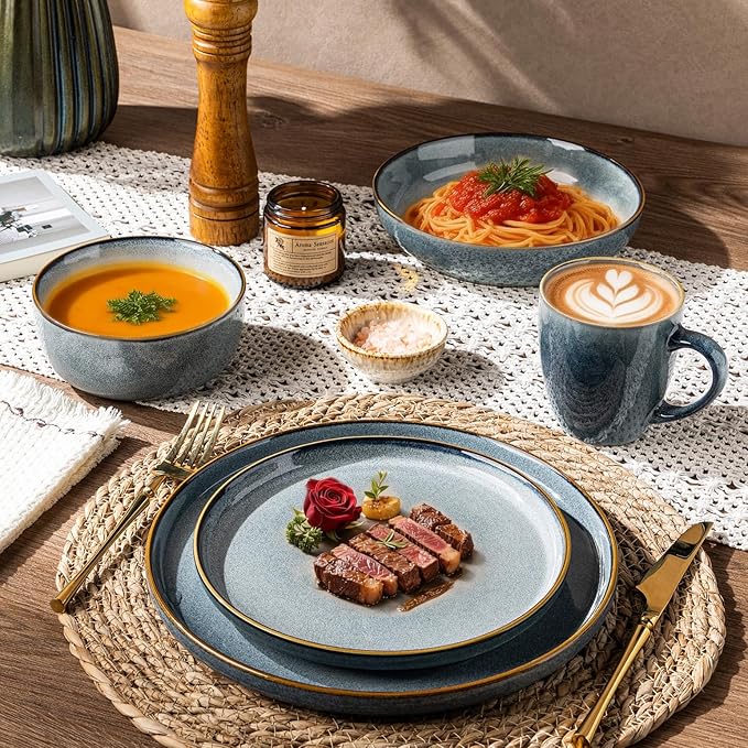 GBHOME 32 Pieces Double Bowls Ceramic Dinnerware Sets for 8, Stoneware Plates and Bowls Set with Reactive Glaze, Scratch Resistant Stoneware Dishes Set, Dishwasher & Microwave Safe