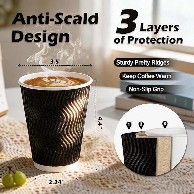 MOUMOULIFE 12 oz Disposable Paper Coffee Cups, 50 Pack, Leak-Proof Insulated - Image 3