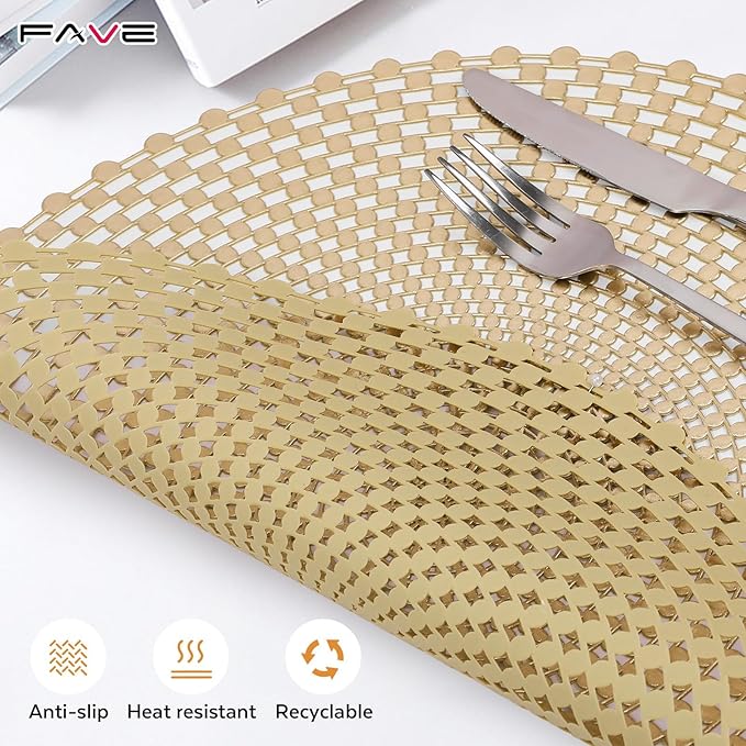 FAVE Set of 4 Gold Vinyl Round Placemats, Spiral Hollow Out Washable for Weddings, Parties, Birthdays, Restaurant & Home (15 Inch)
