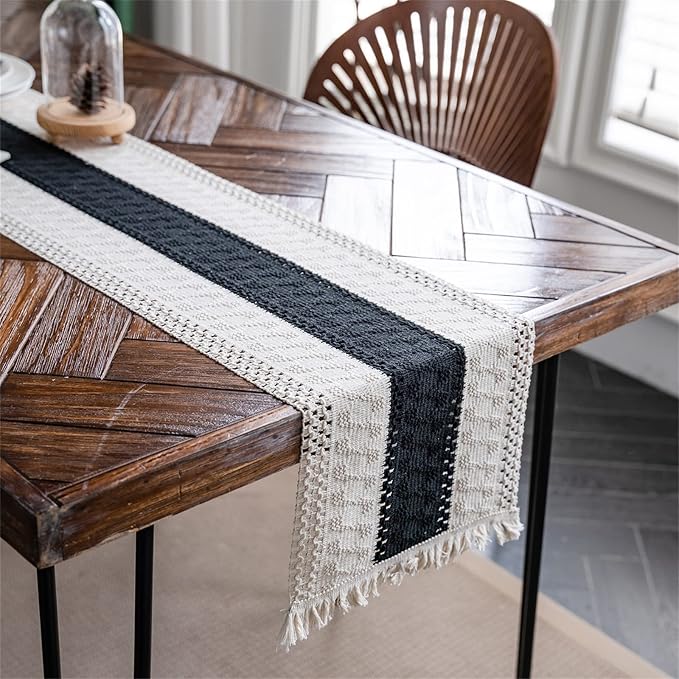 Macrame Table Runne Beige and Black Boho Runners - Image 3