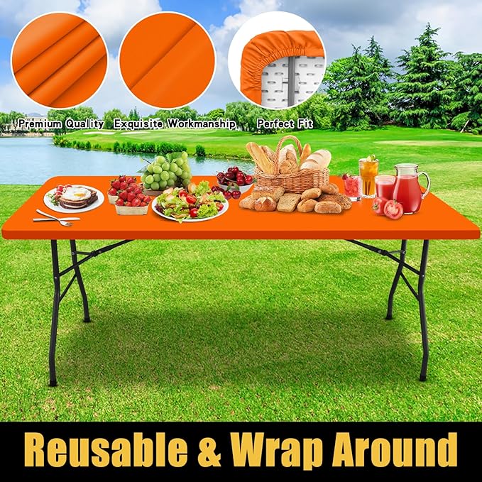 Smiry Rectangle Picnic Table Cloth, Waterproof Elastic Fitted Tablecloths for 4 Foot Tables, Washable Polyester Table Cover for Camping, Indoor and Outdoor (Orange, 24"x48")