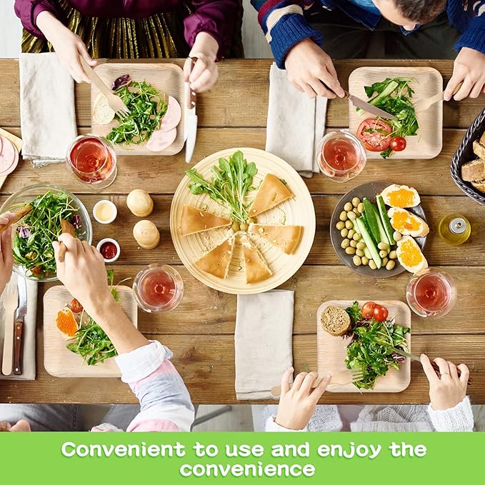 Irenare 200 Pcs Palm Leaf Plates and Wooden Forks Set, 6 Inch Bamboo Square Disposable Party Plates Compostable Tableware for Appetizers Wedding Picnic Dessert BBQ Camping Events