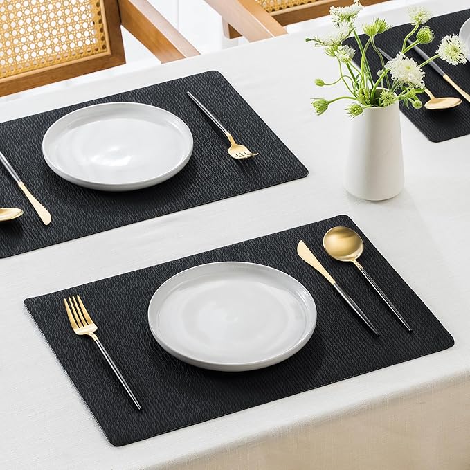 Jovono Faux Leather Placemats Set of 6, Waterproof Washable Table Mats, Easy-Clean Heat Resistant Kitchen Vinyl Place Mat for Dining Table, Restaurant, Indoor, 17.8"x11.8", Black