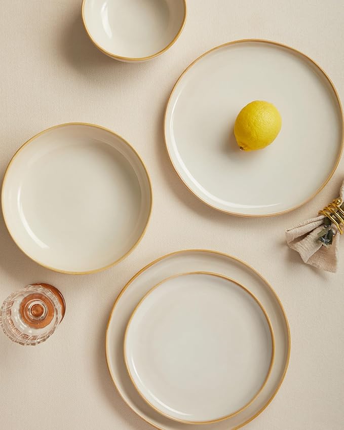 Plates and Bowls Sets, 16 Pieces Dinnerware Set for 4 with Pasta Bowls, Handmade Dishes Set, Chip Resistant Dishware Sets, Microwave Safe Dinner Set, Designed for Interactive Meal, Yellow White