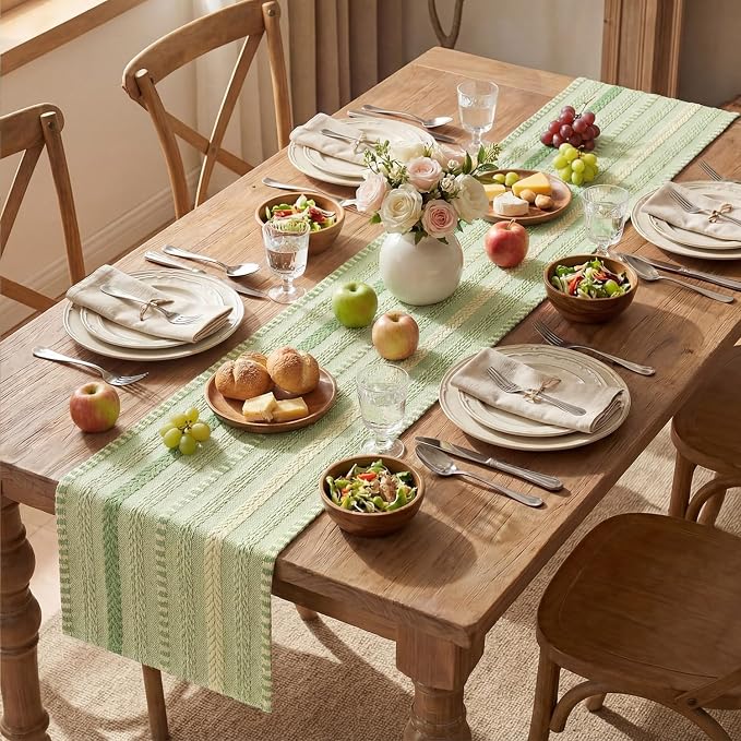 Artoid Mode Sage Green Farmhouse Stripe Braided Table Runner 12x60 Inch | - Image 5