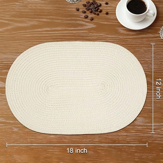 Noctiflorous Oval Braided Placemats Set of 8 Woven 12x18 Inch Non Slip Washable Heat Resistant Place Mats Round Tablemats for Dining Kitchen Party Daily Table Decor Dinner Mats (Solid Beige White, 8)