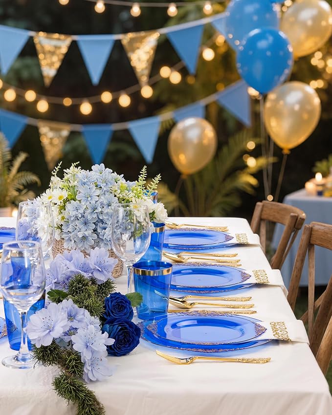 Nervure 350Pcs Blue Plastic Plates, Plastic Dinnerware Set - Image 8