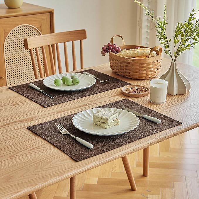 Softalker Faux Linen Placemats Set of 6-12 x 18 Inch, Heat Resistant Double Layered Durable Burlap Farmhouse Place Mats, Non-Slip Washable Rustic Table Mats for Dining, Kitchen, Party（Dark Brown