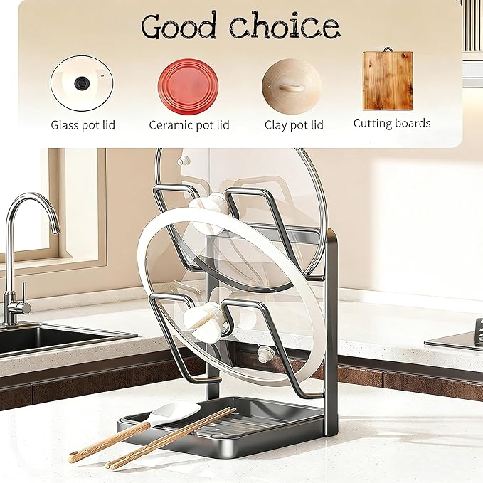 Kitchen Pot Lid Storage Rack, Pot Lid Holder for Countertop, Pot Lid Organizer Rack with Tray, Lid And Spoon Rest, Multifunctional Stand for Stove Top Kitchen Accessories (Beige, Single-layer)