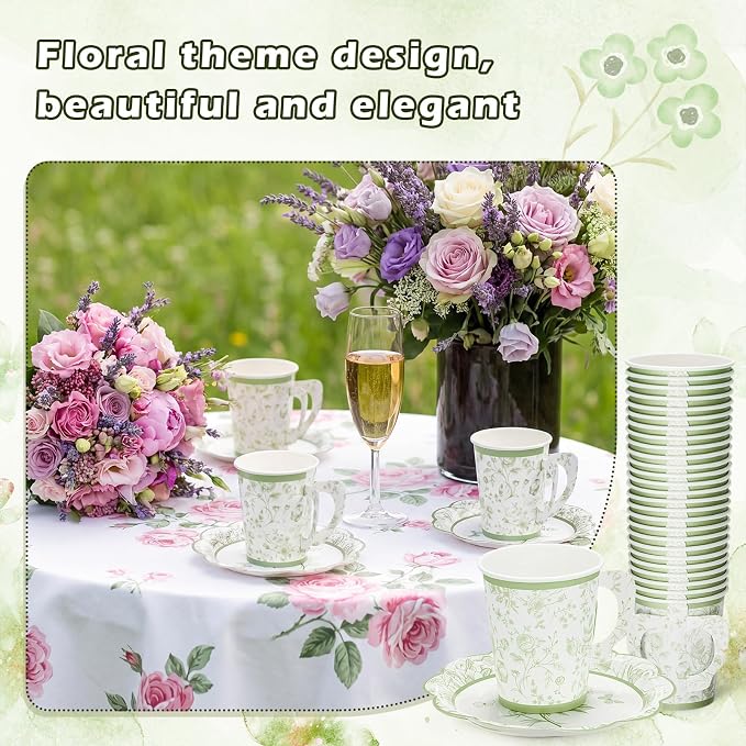 FillTouch 100 Sets Green Floral Paper Tea Cups and Saucers Disposable Paper Tea - Image 4