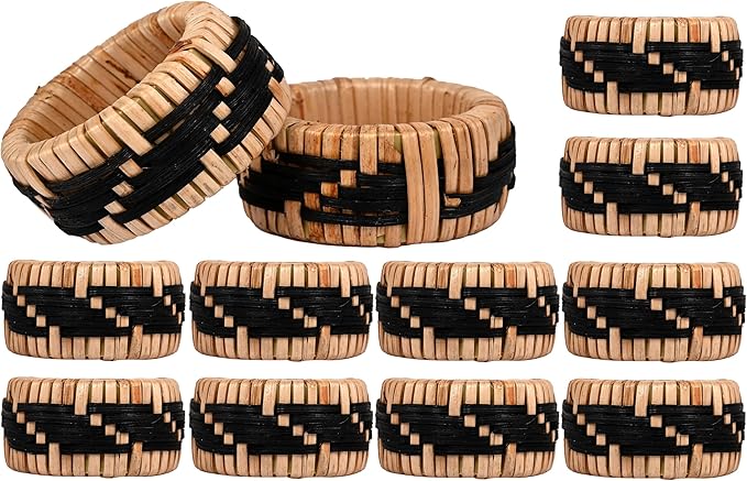 ALPHA Living HOME 12-Pack Black Natural Rattan Napkin Rings – Elegant Woven Serviette Holders for Weddings, Parties & Everyday Dining Decor