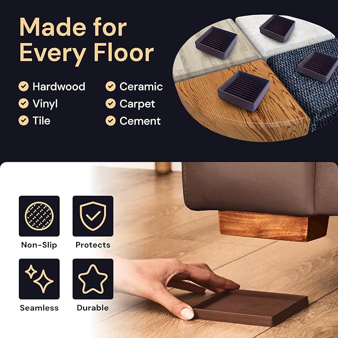 CasterMaster Non-Slip Furniture Pads for Hardwood Floors - 4" x 4" Brown Pack of 4 - Anti-Skid Rubber Caster Cups - Table Leg Protectors & Rubber Feet for Chairs